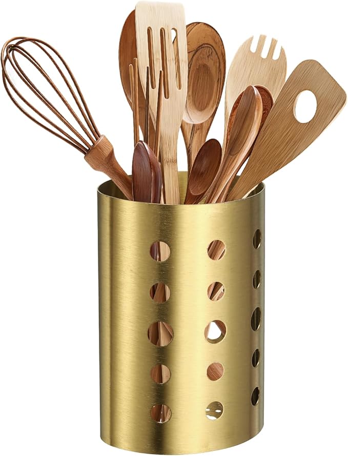 uxcell Kitchen Utensil Holder, 4.53x6.7 Stainless Steel Utensil Cutlery Holder Oval Flatware Organizer with Drain Hole for Kitchen Restaurant Countertop Straw, Spoon, Chopstick, Gold