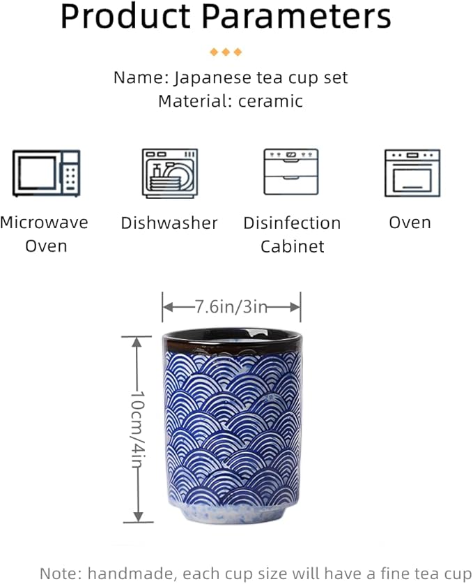 Japanese Ceramic Cup 10 oz No Handle Coffee Mug Teacups Set of 2 for All Kinds of Coffee and Drinks (Blue)