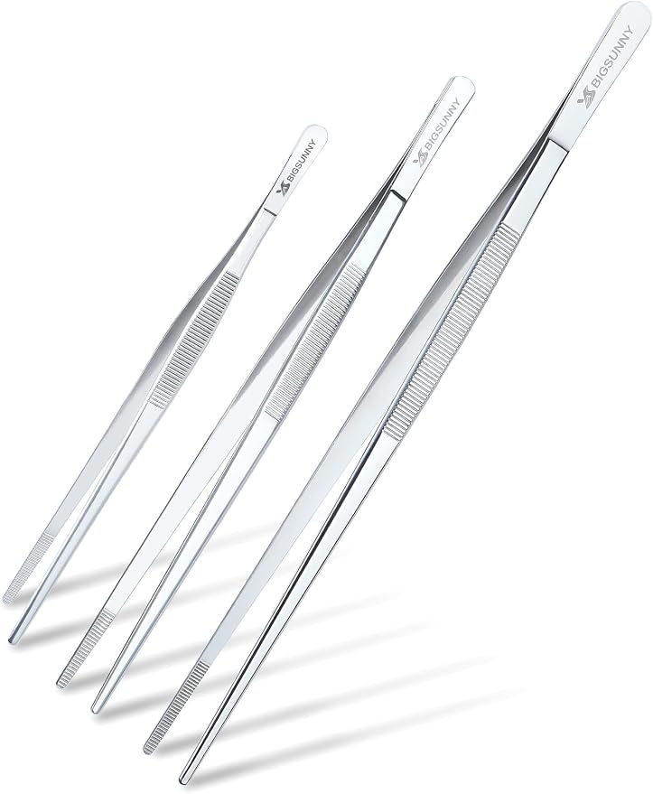 Set of 3 Kitchen Tweezers Fine Tweezer Tongs, MSY BIGSUNNY Stainless Steel Food Tweezers, Precision Serrated Tips Food Tongs (8.5" 10" and 12")
