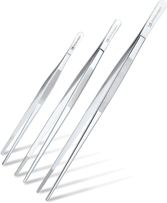 Set of 3 Kitchen Tweezers Fine Tweezer Tongs, MSY BIGSUNNY Stainless Steel Food Tweezers, Precision Serrated Tips Food Tongs (8.5" 10" and 12")