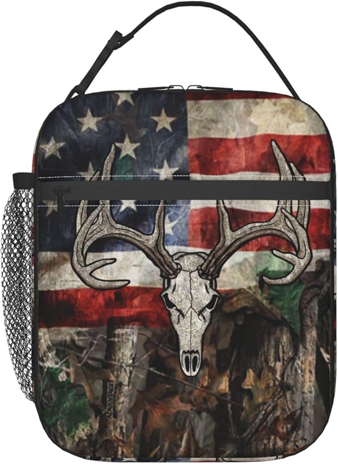 Gianlaima Camo Camouflage American Flag Skull Deer Insulated Lunch Box For Women Man, Portable Lunch Bag Reusable Cooler Tote For Office Work Travel Picnic Camping Beach