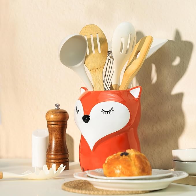 Ceramic Fox Cartoon Animal Pattern Kitchen Utensil Holder, Large Cooking Utensil Crocks for Kitchen Countertop, Cartoon Style Utensil Organizer