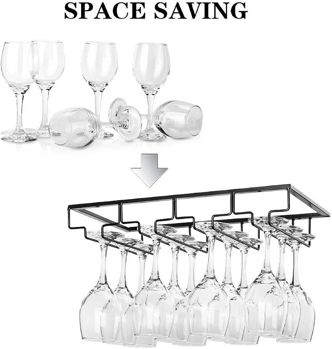 FOMANSH Wine Glass Rack Under Cabinet - Stemware Holder Metal Wine Glass Organizer Glasses Storage Hanger for Bar Kitchen Black 4 Rows