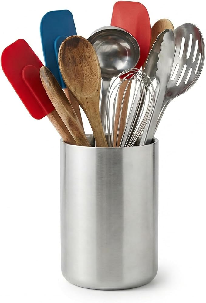 Kitchen Utensil Holder for Countertop, 304 Stainless Steel Double Wall Cooking Tool Caddy, Brushed Finish Spatula Spoon Organizer Crock, Large Capacity, Silver