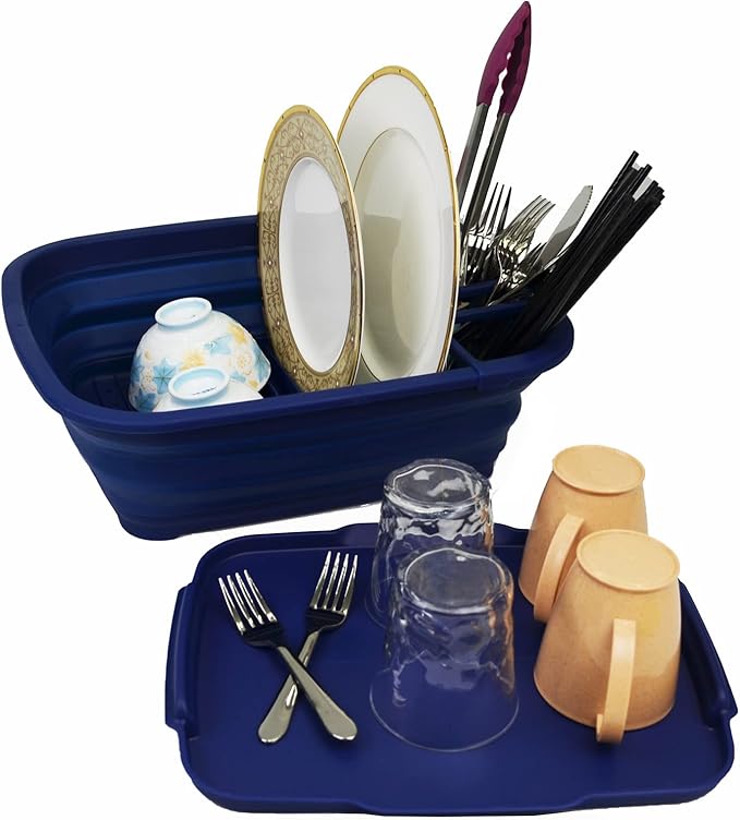 SAMMART 8L (2.11Gallons) Collapsible Dish Drainer with Drainer Board - Foldable Drying Rack Set - Portable Dinnerware Organizer - Space Saving Kitchen Utensil Storage Tray (Royal Blue, 1)