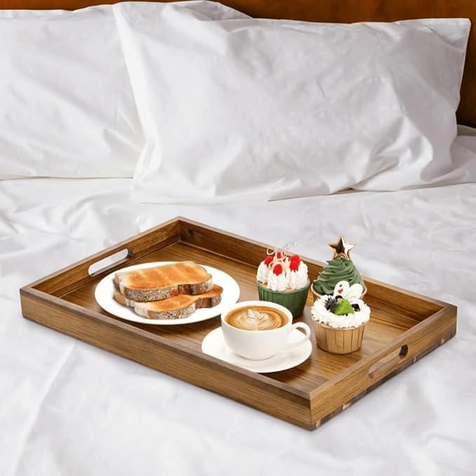 YOUEON 2 Pack 17 x 12 Inch Acacia Wood Serving Tray with Handles, Large Wooden Tray for Ottoman, Breakfast in Bed, Dinner, Coffee Table, Perfect for Living Room, Bedroom & Kitchen