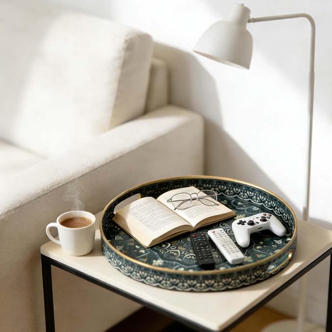 Round Serving Tray with Handles - Large Round Ottoman Tray Coffee Table Tray,Plastic Decorative Serving Trays for Coffee Table,Round Boho Tray for Ottoman Living Room