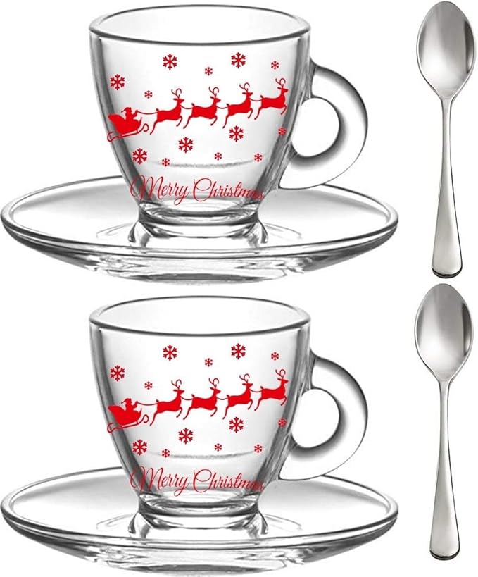 BOHEM'S Espresso Cups, 3.2-Ounce. Small Demitasse Clear Glass Espresso Drinkware, Set Of 2 Cups, Saucers and Stainless Steel mini Spoons, Hostess, Coffee Lover/Enthusiast (Christmas)