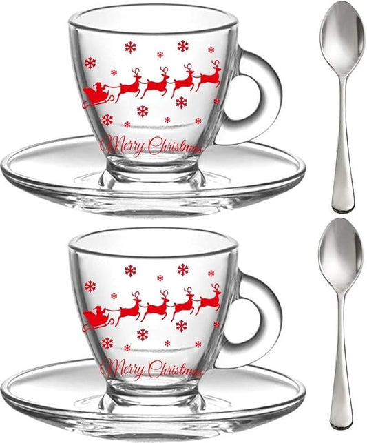 BOHEM'S Espresso Cups, 3.2-Ounce. Small Demitasse Clear Glass Espresso Drinkware, Set Of 2 Cups, Saucers and Stainless Steel mini Spoons, Hostess, Coffee Lover/Enthusiast (Christmas)