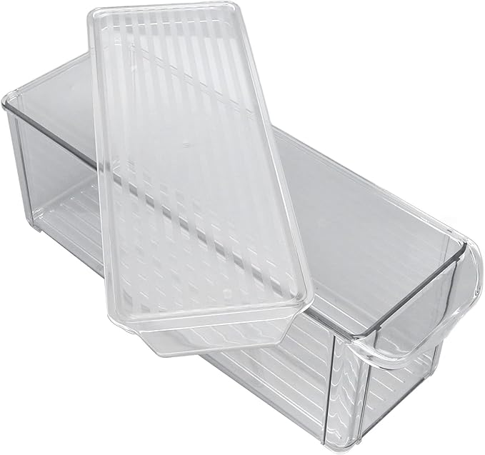 Clear Organizing Bin, Plastic Storage Container, Large Capacity for Kitchen Cabinet Refrigerator and Pantry Organization (Narrow and tall (with lid))