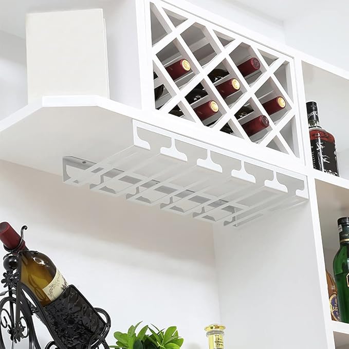 Under Cabinet Stemware, Hanging Wine Glass Holder with Screws, Glasses Storage Hanger Iron Organizer for Home Kitchen Bar