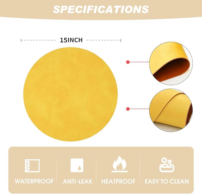Artoid Mode Yellow Faux Leather Placemats Set of 6, 15 Inch Waterproof Wipeable Heat Resistant Vinyl Place Mats, Reversible Table Mats for Summer Kitchen Dining Decor