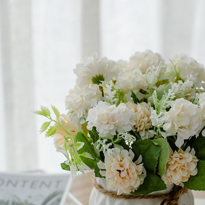 TKAS Fake Flowers Arrangement in Ceramic Vase, Artificial Faux Silk Hydrangea, Small Realistic Dried-Style Floral, Dining Table Centerpiece for Wedding Party Home Decoration (White)