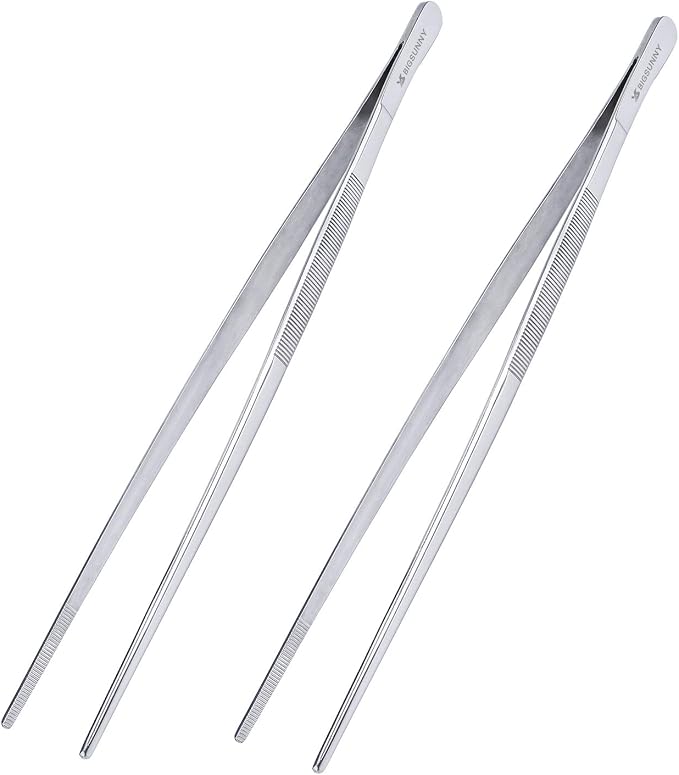 MSY BIGSUNNY Set of 2 Kitchen Tweezers Fine Tweezer Tongs 12 Inch Stainless Steel Food Tweezer, Precision Serrated Tips Food Tongs,Extra-Long Straight Tweezers