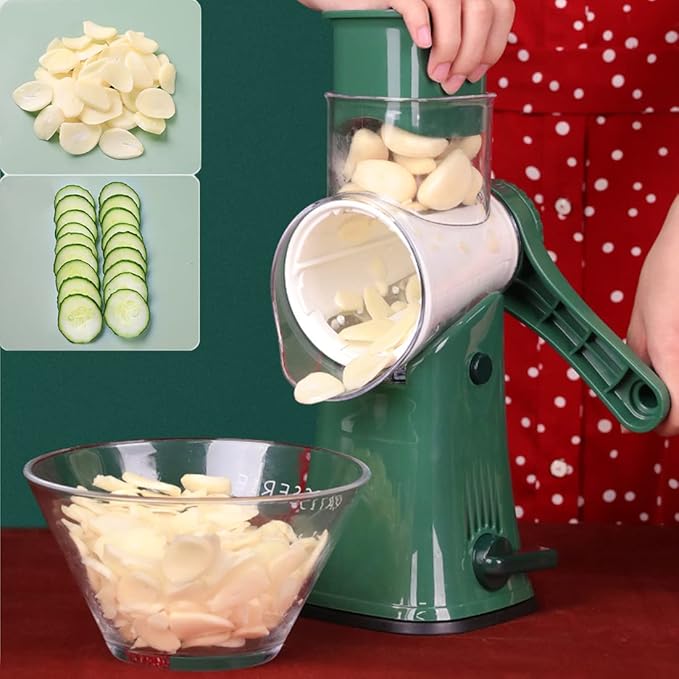 Manual Rotary Cheese Grater Grinder- 5 Interchangeable Blades Round Mandoline Vegetable Slicer Drum Shredder Nut Chopper with Strong Suction Base