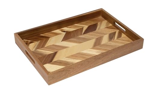 Lipper International 1265 Acacia Herringbone Serving Tray with Handle Cutouts for Meals or Organizing, 19 3/4" x 13 3/4" x 2 1/4"