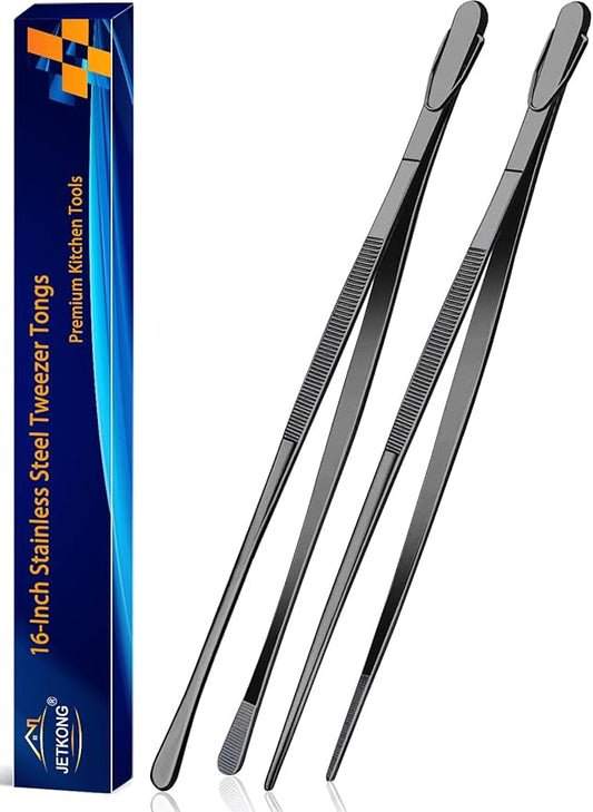 JETKONG 2 Pcs 16-Inch Heavy Duty Plating Tongs, Extra-Long Kitchen Fine Tongs Large Stainless Steel Cooking Forceps (Black)