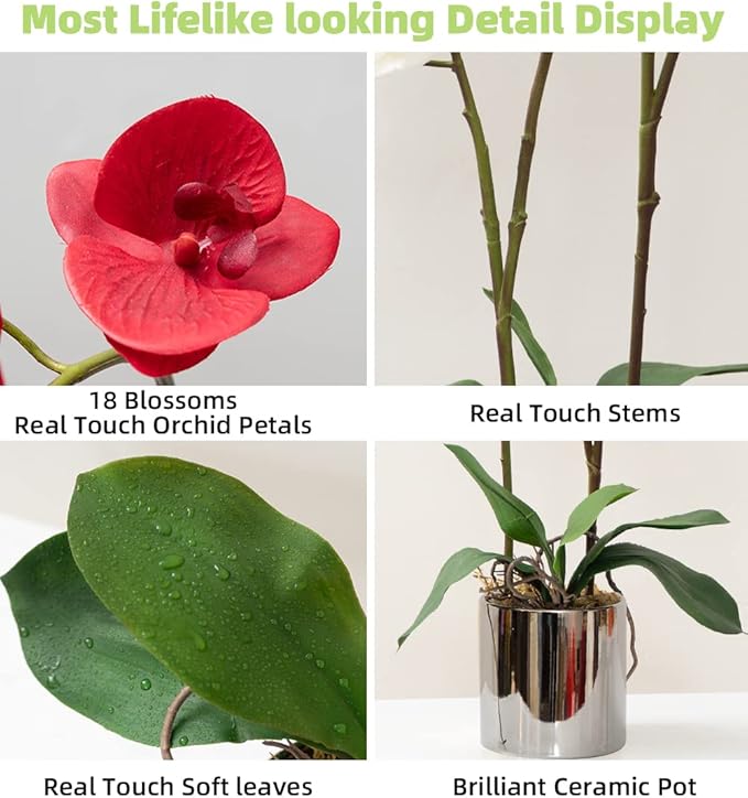 CXGS Artificial Orchid Flower Plant Real Touch Faux Orchids in Ceramic Vase Red 19.7'' Fake Phalaenopsis Flower Arrangement Centerpiece Home Indoor Decor