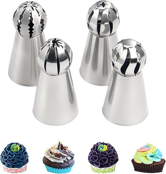 Russian Ball Piping Tip Set, 4-Piece Stainless Steel Cream Nozzles, Baking Tools Suitable for Ice Cream, Cookies, Cupcakes, and Cake Decorating