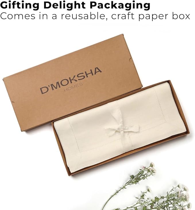 Signature Linen™ by D'Moksha Ivory Table Runner 108 Inches Long, 100% Pure Linen, Hemstitch, 14 x 108 Inch Table Runner for Dresser, Dining- Summer, Father's Day
