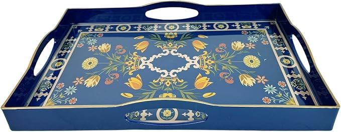Boho Blue Decorative Tray, Serving Tray with 4 Handles, Plastic Tray for Coffee Table, Ottoman - Ideal for Living Room & Bathroom. 15” x 11” x 1.9”