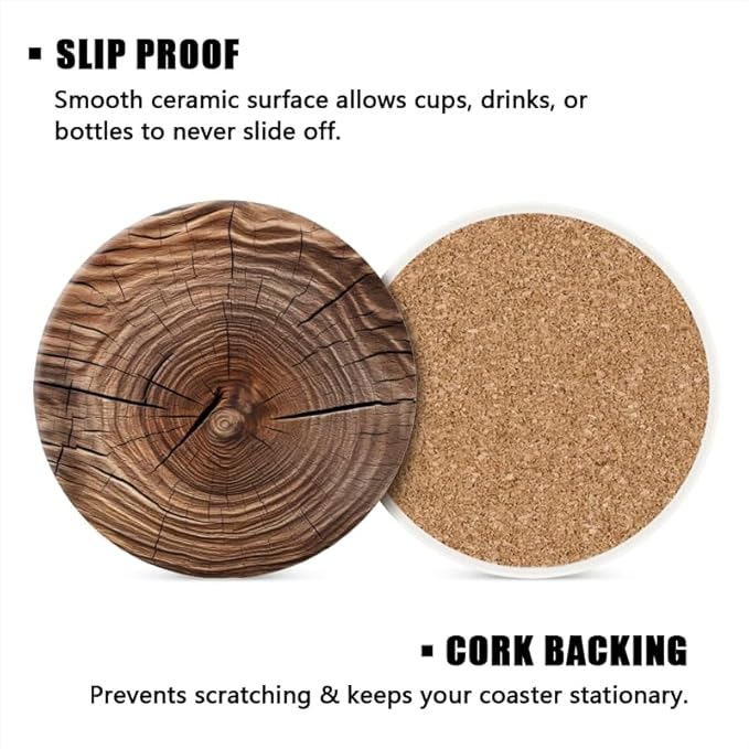 1 Pcs Coffee Cup Coasters for Drinks, Cross Section of Tree Round Absorbent Non-Slip Ceramic Stone Cork Coasters for Kitchen Living Room Office Decoration Bar (4 * 4 Inch)
