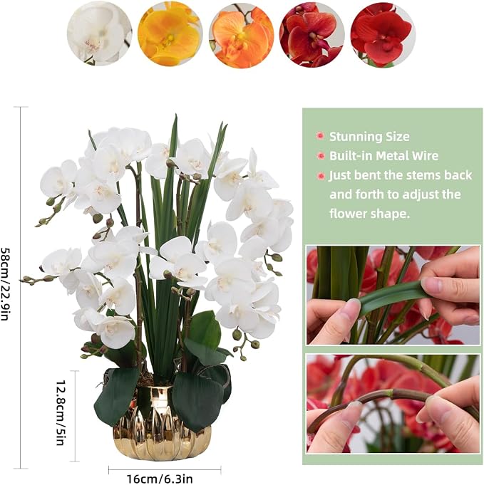 CXGS Artificial Orchid Flower Real Touch Faux Orchids in Ceramic Vase Large 22.9'' Fake Flowers White Phalaenopsis Floral for Home Indoor Decor