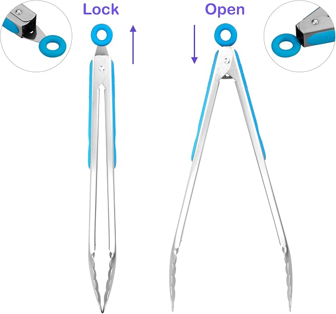ALLWIN-HOUSEWARE W 304 Stainless Steel Kitchen Cooking Tongs, 12" and 14" Set of 2 Sturdy Grilling Barbeque Brushed Locking Food Tongs with Ergonomic Grip, Blue