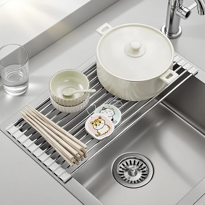 Roll Up Dish Drying Rack Over Sink Drying Rack Sink Cover Kitchen Sink Accessories Multipurpose Organizer Foldable Stainless Steel Drainer (12 Rods)