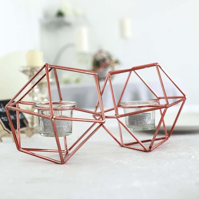 Efavormart 11.5" Rose Gold Geometric Candle Holder Set 2 Metal Geometric Centerpieces Joint Together