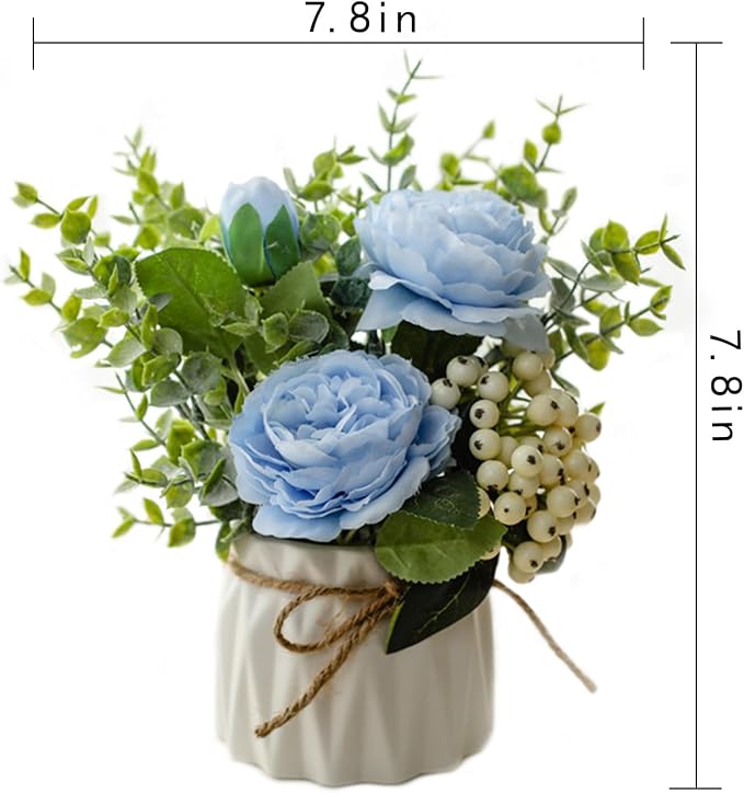 EOBTAIN Fake Flowers with Vase Blue Silk Flowers for Coffee Table Decor Faux Potted Flowers Decoration for Indoor Ceramic Vase with Artificial Flowers Home Decor,Dining Table Centerpiece.