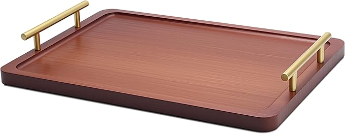 Wood Tray with Metal Handles, 14" x9.5 x1.75 Medium Wood Serving Trays for Ottoman Coffee Table, Serving Tray for Kitchen, Home Decor