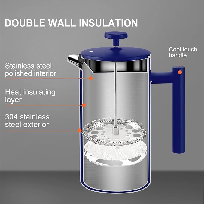 Secura French Press Coffee Maker, 304 Grade Stainless Steel Insulated Coffee Press with 2 Extra Screens, 34oz (1 Litre), Blue (Pack of 2)