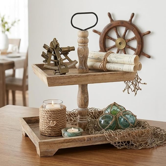Hanobe 2 Tiered Decorative Tray Stand for Coastal Coffee Table Decor | Large Farmhouse Display Stands for Seasons - Wood for Kitchen Counter Decorations