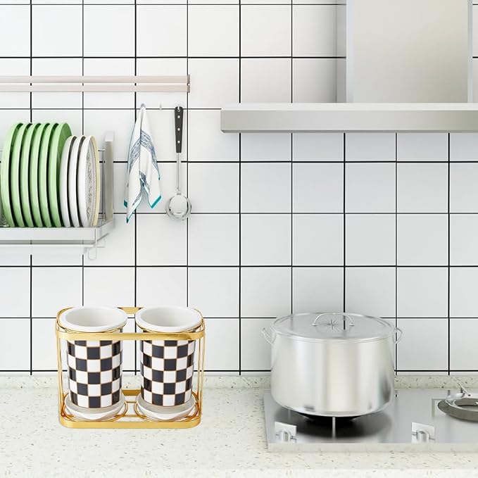 Ceramic Utensil Crock Set Ceramic Utensil Holder Black White Checkerboard Kitchen Countertop Organizer with Gold Stand for Countertop Coffee Bar Kitchen Decor and Accessories