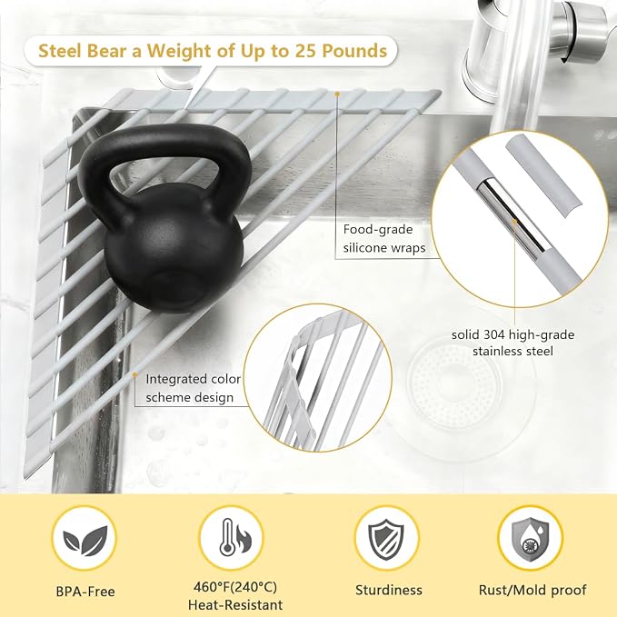 Credon Triangle Roll Up Dish Drying Rack Over The Sink, Triangular Sink Rack, Sink Corner Foldable Silicone Coated Stainless, Anti-Slip Organizer for Kitchen, Heat-Resistant, Non-Slip (Grey)
