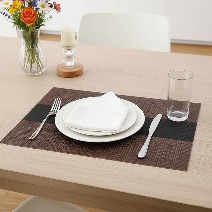 Wipeable PVC Vinyl Woven Table Placemat,Set of 6,Heat-Resistant Dining Mats for Kitchen, Indoor Outdoor Use,12×17 Inch,Coffee Gradient