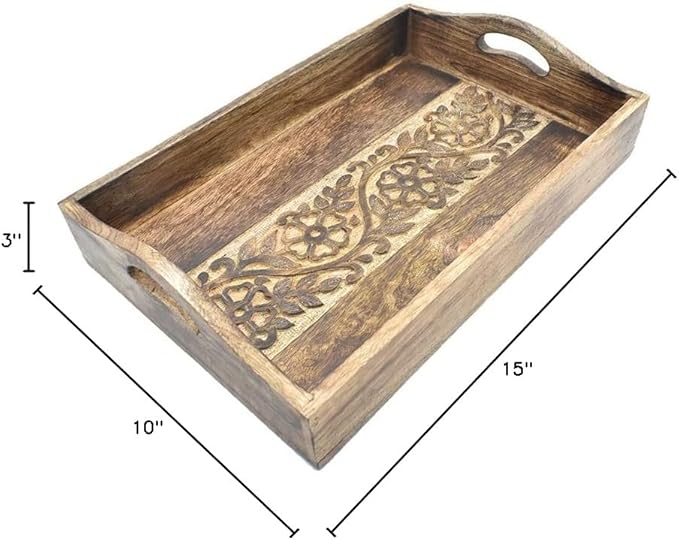 STORE INDYA Rustic Large Wooden Serving Tray Platter for Tea Snack Dessert with Handle Hand Carved Floral Design. Kitchen Dining Serve-Ware Accessories 14 x 10 Inches