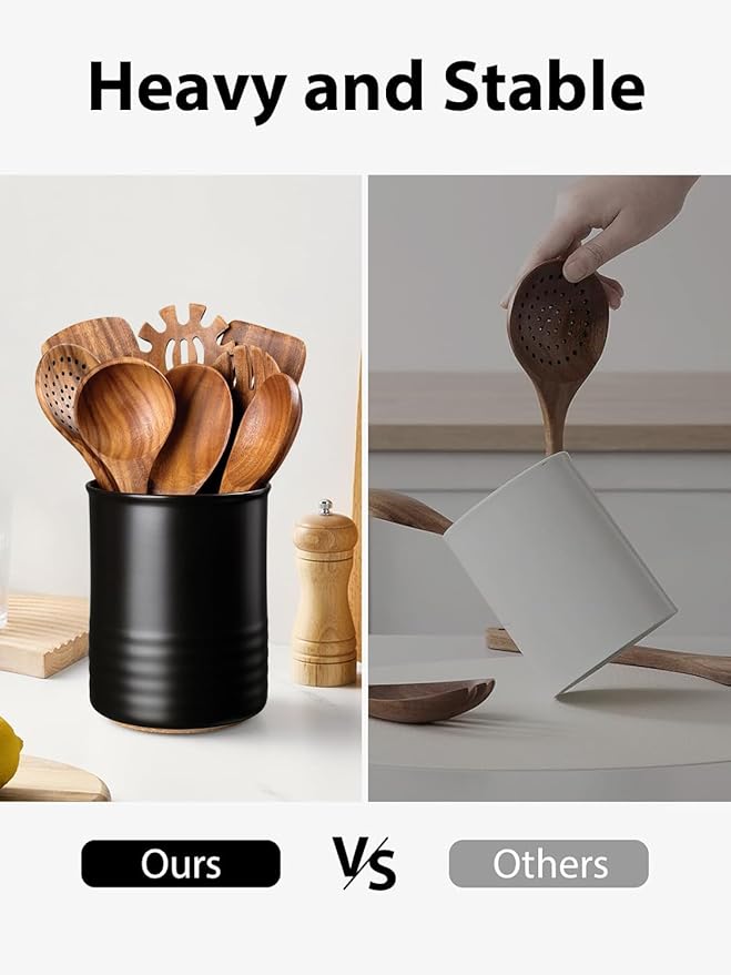 ABRUTY Utensil Holder, 6.7" Ceramic Kitchen Utensil Crock for Countertop Cooking, Modern Utensil Caddy Jar Organizer for Farmhouse Kitchen Counter Décor, Textured Black