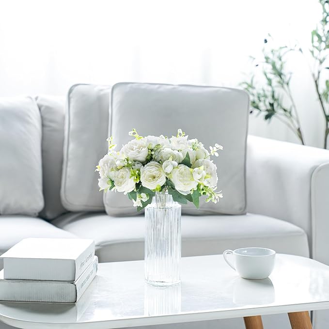 Mkono Peonies Artificial Flowers, Small Silk Flowers for Home Decor Indoor Fake Bouquet Faux Floral Arrangements Dining Table Centerpieces for Kitchen Party Decor White