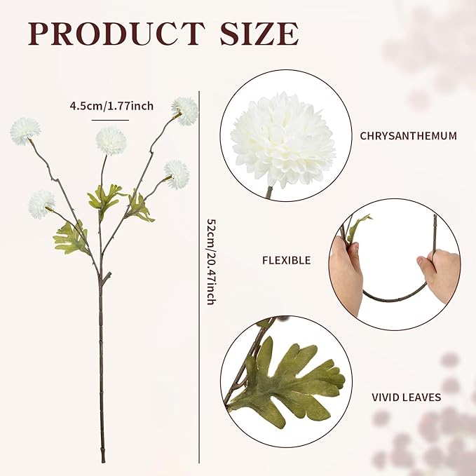 DuHouse 6pcs Artificial Flowers Faux Silk Pompon Mum,Artificial Kiku Flower White for DIY Wedding Bouquets Centerpieces Vase Home Table Kitchen Decorations(Ivory White)