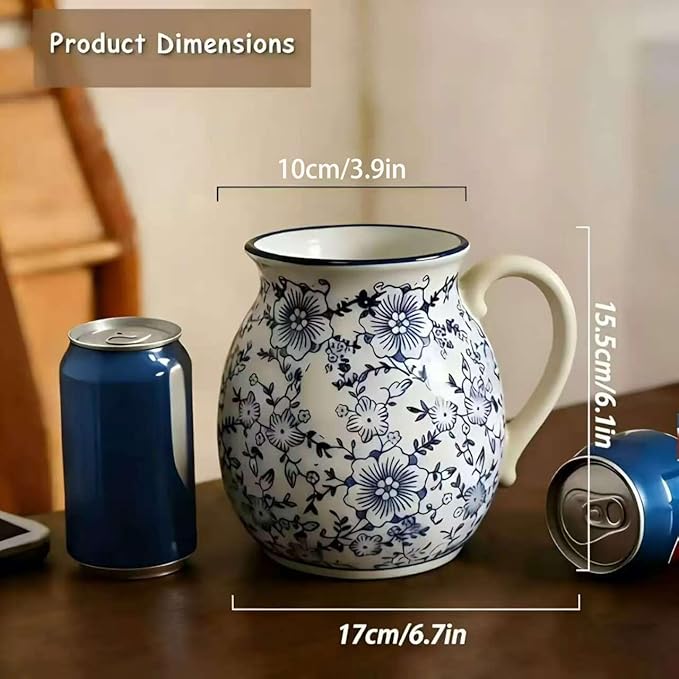 Farmhouse Ceramic Utensil Holder, 6.1" Modern Rustic Cooking Utensil Holder for Kitchen Counter Decor with Handle, Vintage Ceramic Utensil Organizer for Home Kitchen Countertop(Blue white)
