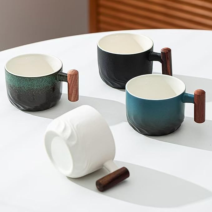2.5oz Ceramic Espresso Cups with Wooden Handle, Chinese KungFu Tea Cup, Coffee Cups Set of 4 (Multicolor)