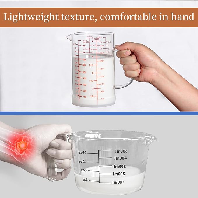 Newness Glass Measuring Cup with Handle, 1000 ML (1 Liter, 4 Cup) Double-Sided Scale Measuring Cup with Three Scales (OZ, Cup, ML/CC) and V-Shaped Spout, Measuring Beaker for Kitchen or Restaurant