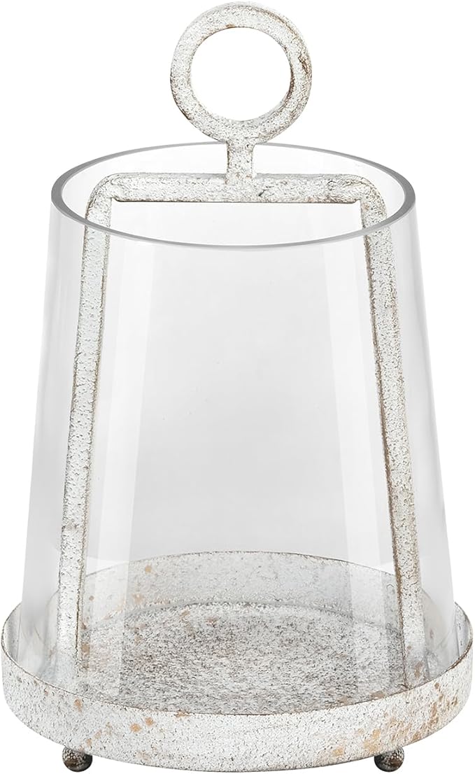 6" Wide Modern Farmhouse Metal Hurricane Candle Holder with Handmade Sturdy Glass Sleeve in Vintage White for Pillar Candle & Plants, Glass Hurricane Lantern, Industrial, Minimalistic