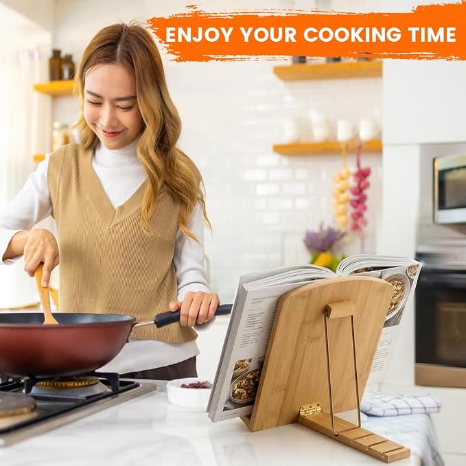 Adjustable Bamboo Cookbook Stand for Kitchen Counter – Multi-Functional Recipe Holder for Tablets, Cookbooks, Magazines & Textbooks – Perfect Kitchen Gift for Women (Kitchen Conversion Chart)