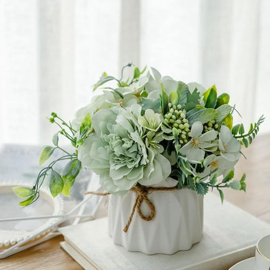 TKAS Fake Flowers Arrangement in Ceramic Vase, Artificial Faux Silk Roses & Hydrangea, Small Realistic Dried-Style Floral Dining Table Centerpiece for Wedding Party Home Decoration (Green)