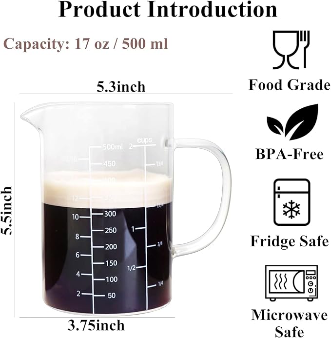 Glass Measuring Cup with Handle, 500 ML High Borosilicate Glass Three Scales (OZ, Cup, ML/CC) easuring Beaker for Kitchen or Restaurant, V-Shaped Spout Glass Measuring Beaker, Easy To Read