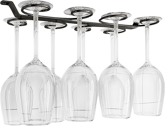 Under Cabinet Wine Glass Holder Iron 12 Hooks, Black Wire Hanging Rack, Storage Hanger Organizer, Space Saving, With 6 Hooks For Multiple Uses, Easy To Install