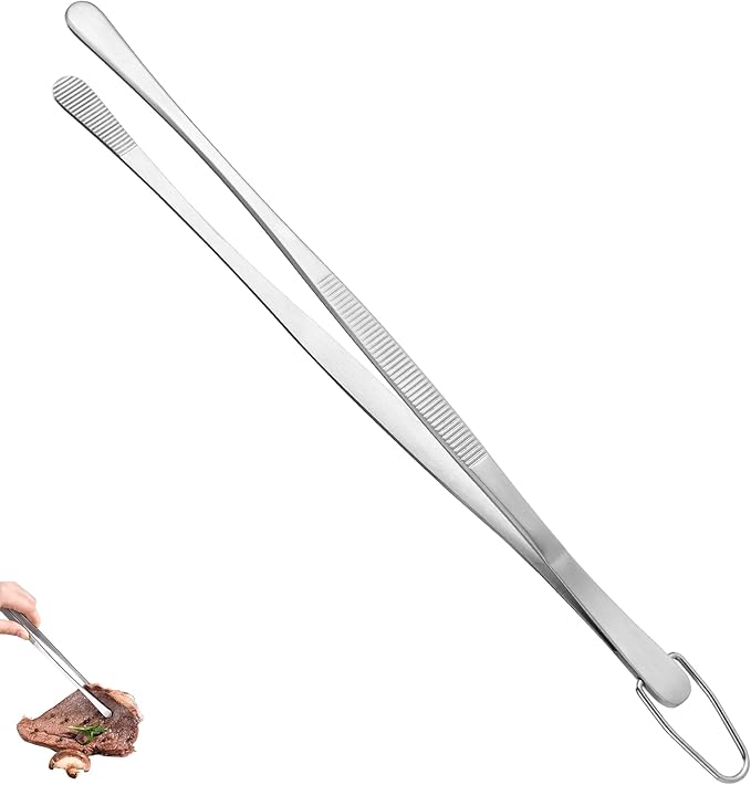 U-Taste 12in Long Kitchen Cooking Tweezer: 18/8 Stainless Steel Food-Grade Metal Food Tong, Flexible Pinching, Seamless-Welding, Sturdy and Non-Slip for Serving, Grilling, Frying, Baking (Round Tip)